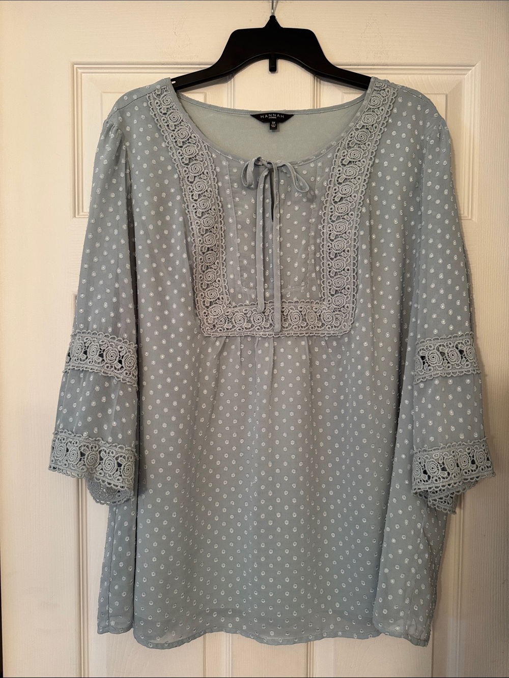 Hannah Sage green Crochet Yoke Peasant Top with lining and 3/4 sleeves.